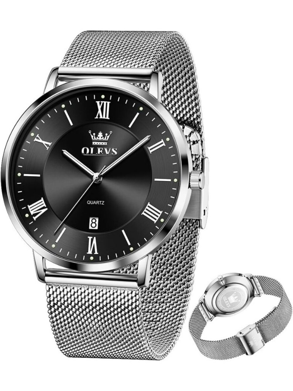 Men's Black Silver Analog Quartz Stainless Steel Classic Luxury Date Wrist Watch